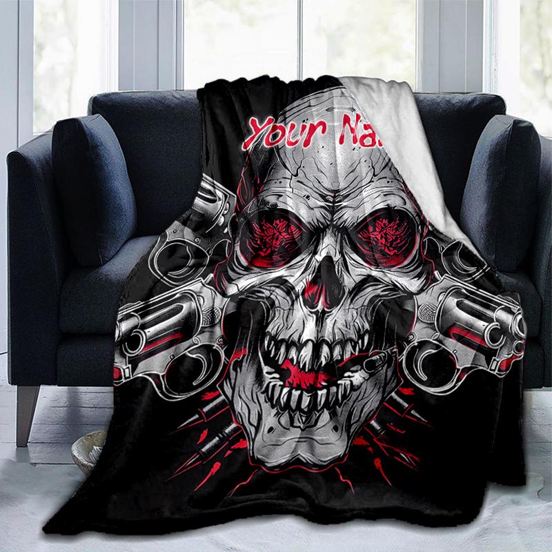 1PC Custom Name Skull Guns Artwork Flannel Blankets Patterns Throw Blanket All-Season Soft Gift for Couch, Bed, Camping Gifts