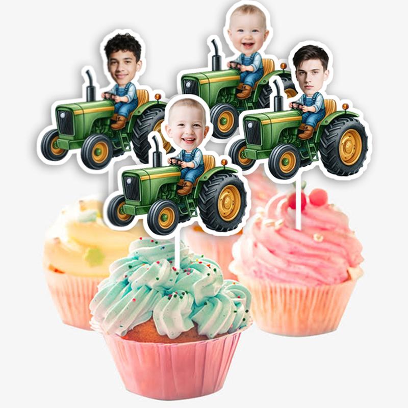 Customizable Tractor Stickers Personalized Baby Face With Ride Car Cake Toppers Custom Kids Birthday Banner Party Favors Supply