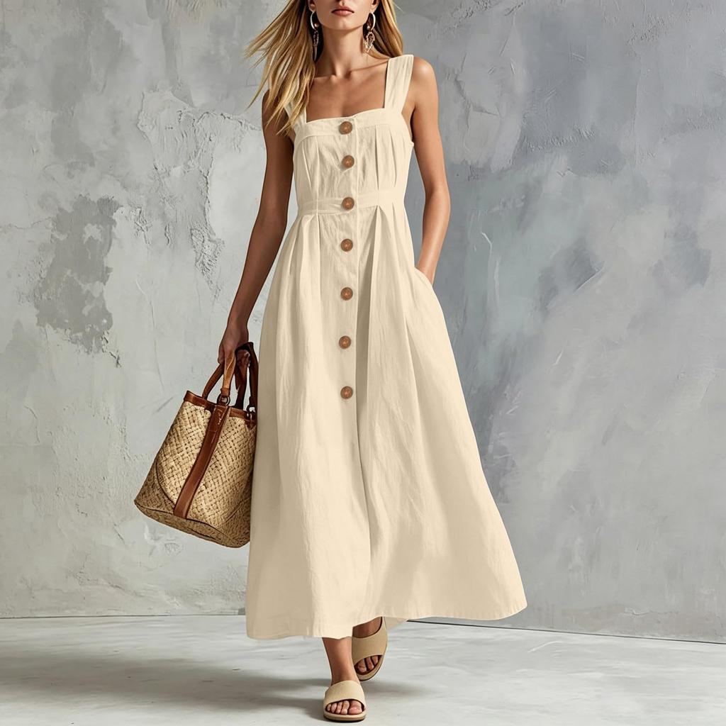 Women's Casual Sleeveless Dress with Thin Straps Button Front Long Dress with Pockets Lightweight Summer Maxi Dress