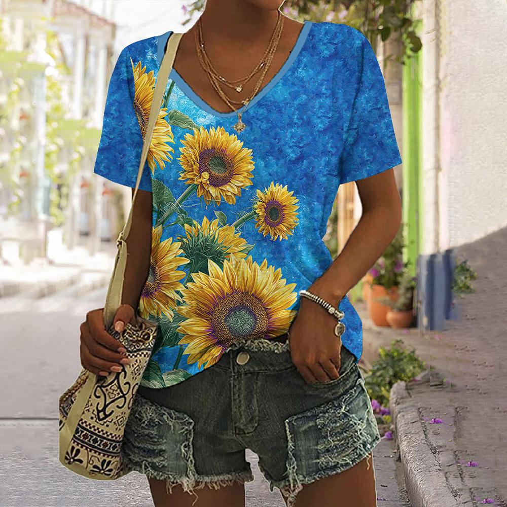 Daily Fashion V-neck Short Sleeve Tops Sunflower Patterns Printed Plus Size Loose Women's Clothing Outdoor T-Shirt