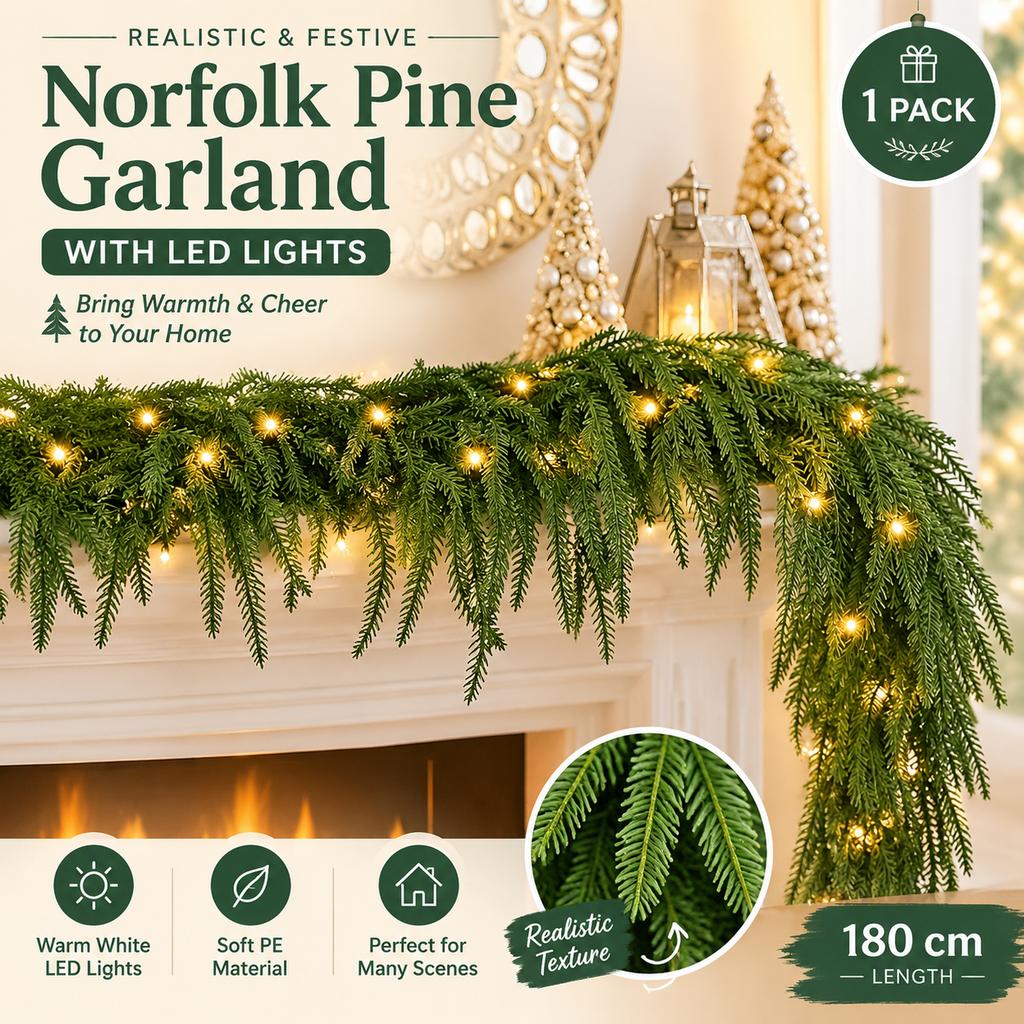 Artificial Norfolk Pine Garland with LED Warm Lights