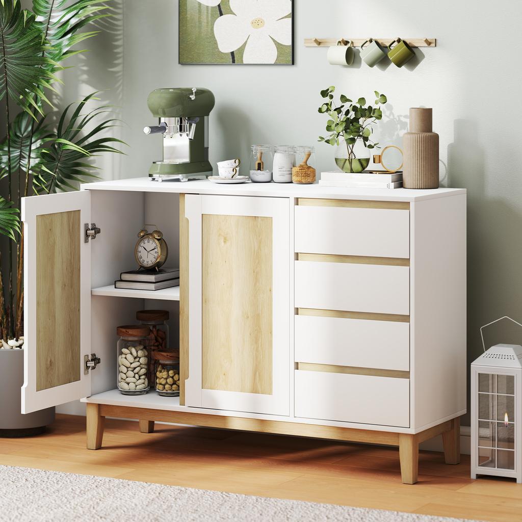 Sideboard, Storage Unit, 2 Doors, 4 Drawers, Adjustable Shelf, 120 x 40 x 86 cm, White and Oak