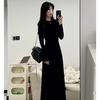 Elegant Black Long-Sleeve A-Line Dress - Autumn/Winter 2026 French Slim Fit Women's Fashion