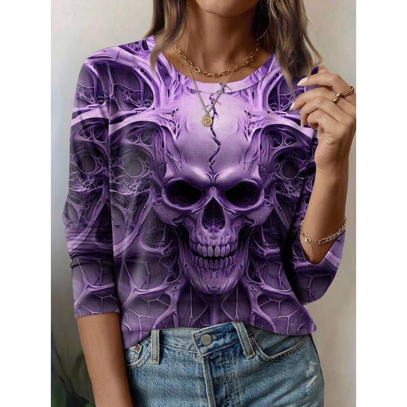 Ladies' Pattern Printed Round Neck Long Sleeve T-shirt Fashion Casual Top Pullover Clothing
