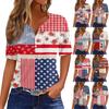 Women's Fashion Casual Independence Day Print V-Neck Short Sleeve Button-Up T-Shirt Top