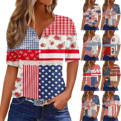 Women's Fashion Casual Independence Day Print V-Neck Short Sleeve Button-Up T-Shirt Top
