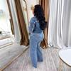 Women's Sexy High-Elastic Washed Denim Two-Piece Set with Row Buttons