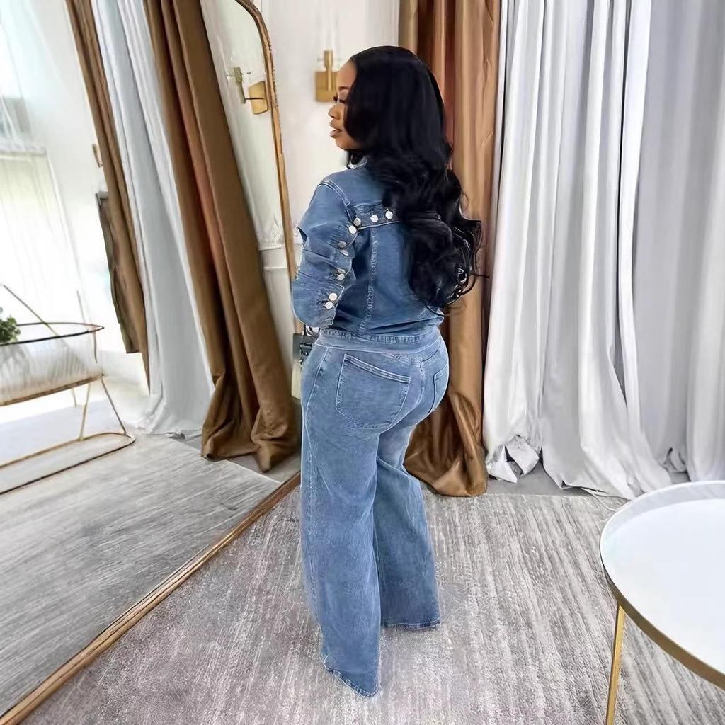 Women's Sexy High-Elastic Washed Denim Two-Piece Set with Row Buttons