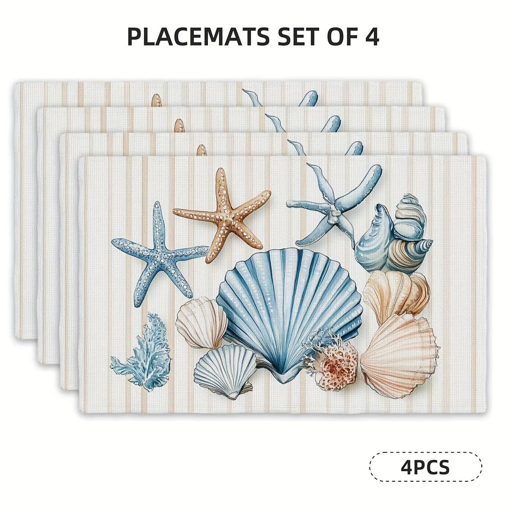 4/6pcs Shell Starfish Ocean Spring Summer Placemats, Rectangular Table Mats 12 X 18 Inches with Shell and Starfish Theme, Perfect for Kitchen Dining