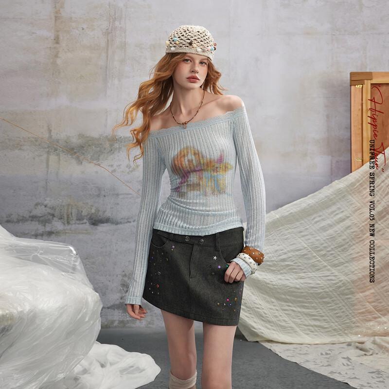 UNIFREE Sexy Lace Off-Shoulder Slim Long Sleeve T-Shirt M