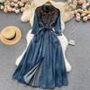 Hong Kong Style Retro Embroidered Denim Dress for Women