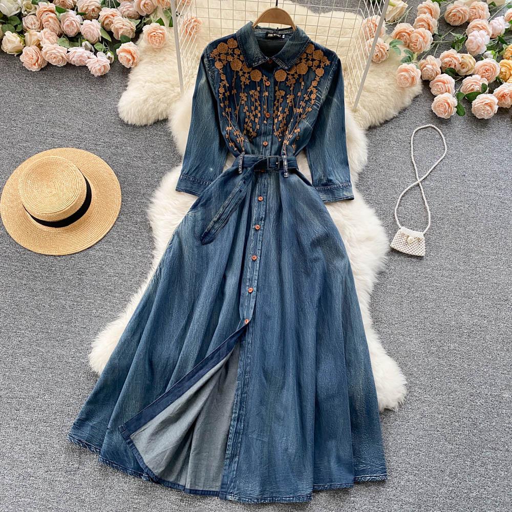Hong Kong Style Retro Embroidered Denim Dress for Women