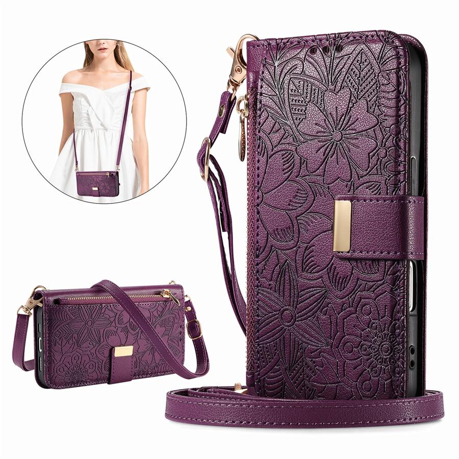 3-in-1 Crossbody Handyhülle aus PU-Leder mit floraler Prägung für OPPO/VIVO/Redmi 6 Kartenfächer + Reißverschluss-Münzfach + Ständer & Abnehmbarer langer Schultergurt
