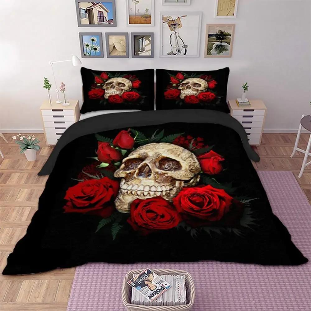 3D Sugar Skull Comforter Cover Set Twin Size Flowers Print Bedding Set Black Microfiber Polyester Duvet Cover Set