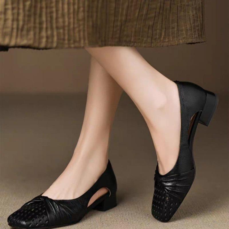 Fashion Low Heel Sheepskin Hollow-out Baotou Sandals Women's Xia New Retro Shallow Single Shoes