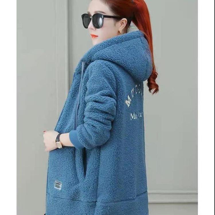 Winter Trendy Thickened Fleece Lined Sweatshirt Hooded Cardigan Lamb Wool Jacket for Women