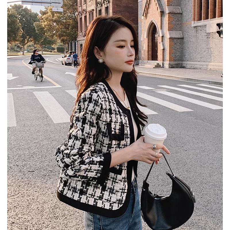 Giacchino Tweedino Profumato da Donna Plaid Bianco e Nero Nuovo Coreano Largo Piccolo Temperamento Top Corto
