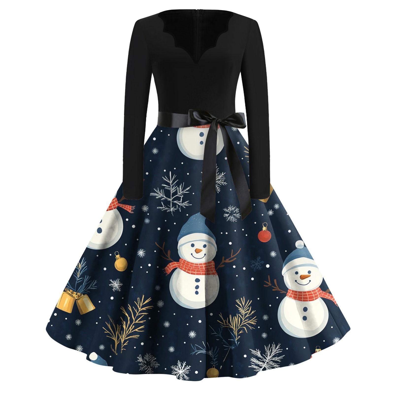 

Женские модные повседневные тонкие рождественские платья с длинным рукавом с v-образным вырезом и принтом S