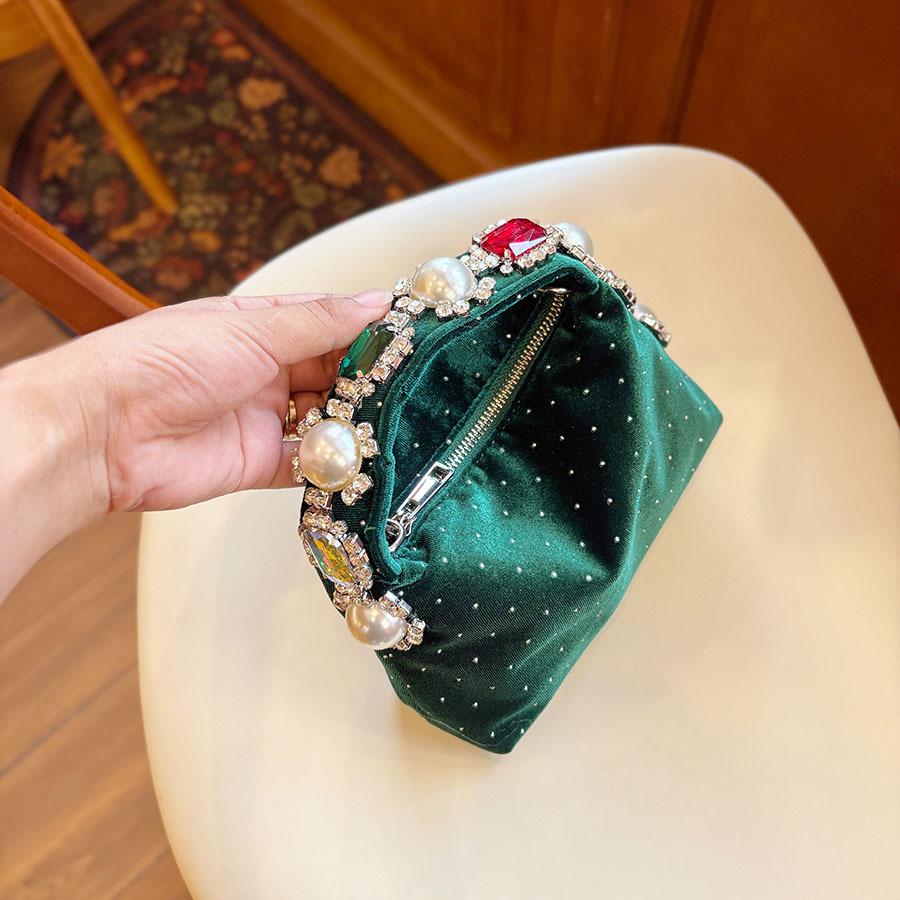 Luxury Pearls Dot Women's Bag Fashion Velvet Rhinestone Handbags Diamond Crystal Wedding Evening Bag Shoulder Crossbody Bags