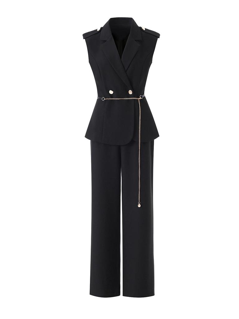 Women's Spring/Summer Age-Defying Suit Set: Waist-Cinched Vest & Draped Wide-Leg Pants.