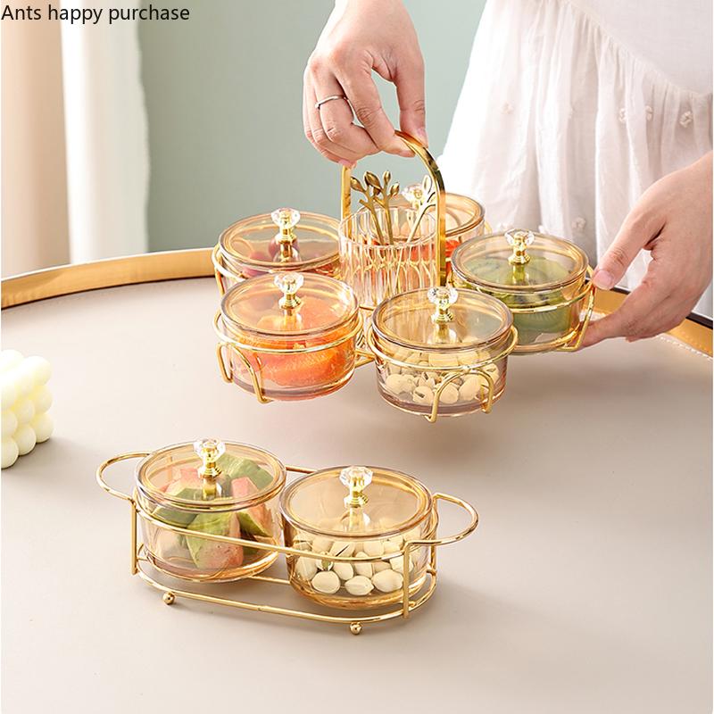 Wrought Iron Glass Fruit Plate with Plastic Cover Snack Tray Dried Fruit Plates Snacks Platter Fruit Fork Storage Jar Salad Bowl