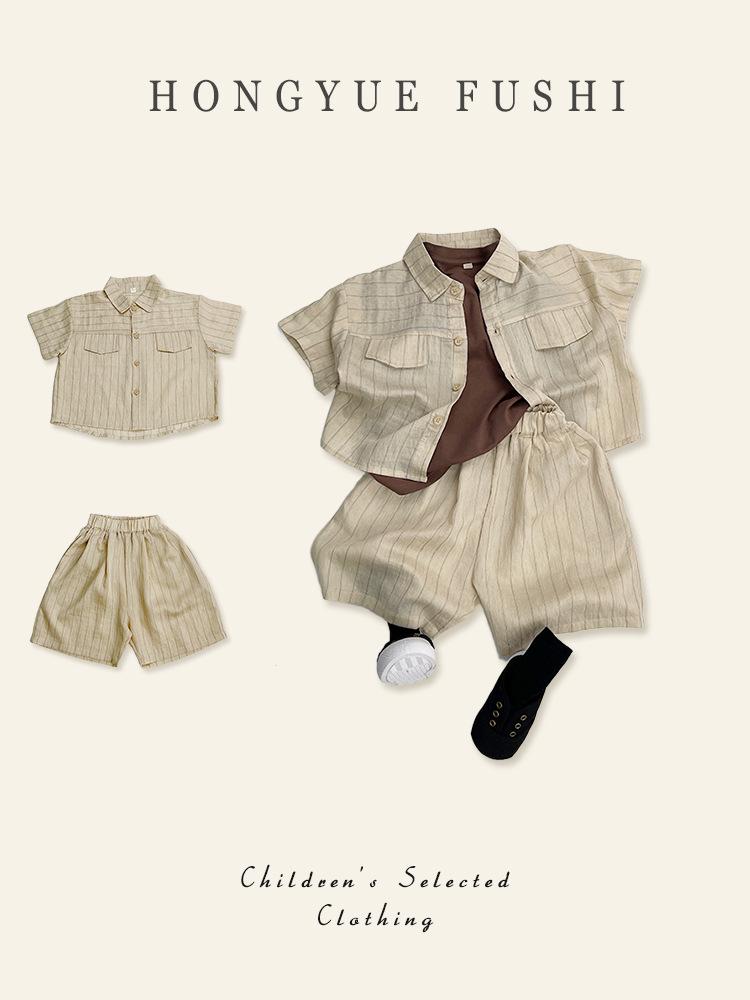 Baby Jungen Baumwoll-Leinen Gestreiftes Hemd & Shorts Set - Kurzarm Sommer Outfit