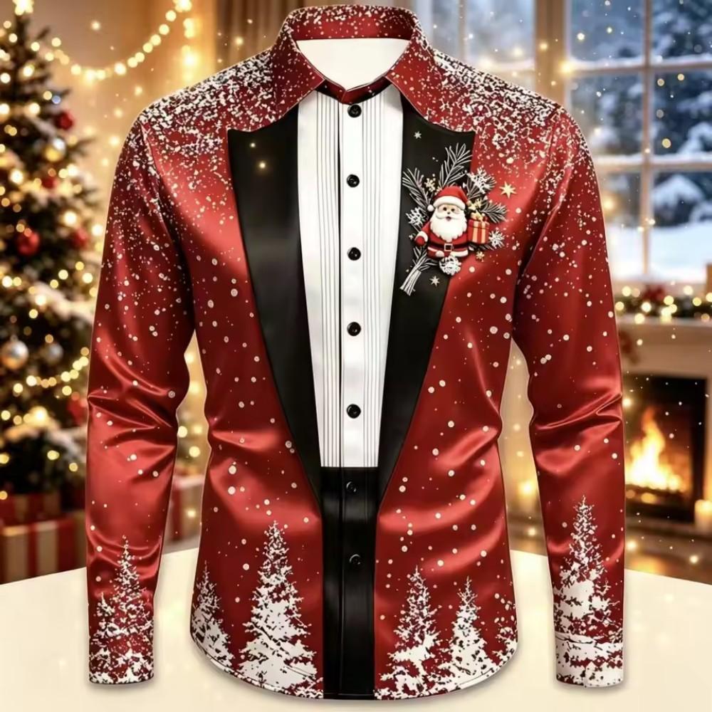 2026 Men's Fashion Christmas Satin Long Sleeve Shirt Christmas Special Edition 3D Printed Snowflake Christmas Tree Cane Candy