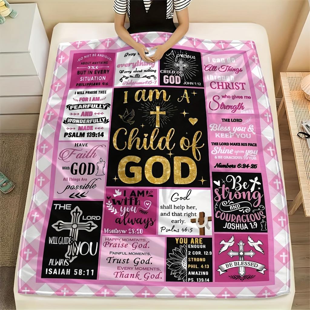 Pink Plaid Cross Bible Verse Throw Blanket for Living Room Sofa Daily Use Birthday Anniversary Faith Household Tribute