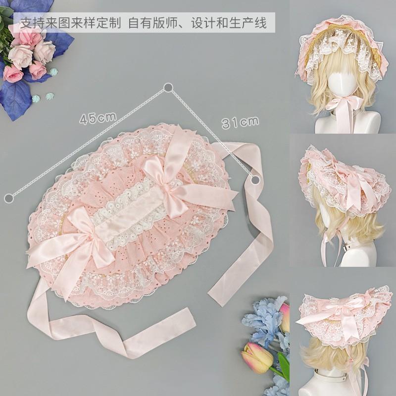 Sweet Lolita Lace Bonnet Hat Women - Pastel Color Round Top Sun With Adjustable Strap Foldable Accessory