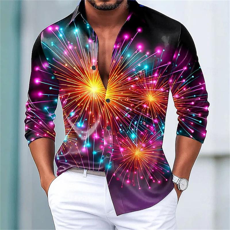 Stylish Colorful Firework Light Allover Print Men Long Sleeve Turn‑down Collar Button‑Up Shirt Party Wear