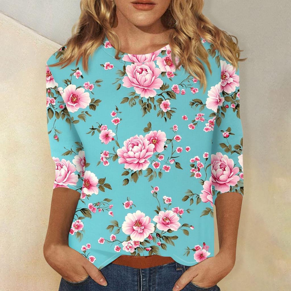 Damenmode Lässig Rundhals Bedrucktes 3/4 T-Shirt Top