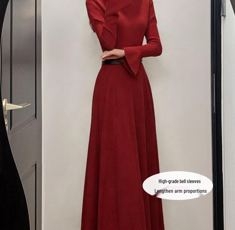 Women's Long Red Knit Dress with Coat Layer, Slim Fit, Pear Shape - Perfect for Autumn and Winter