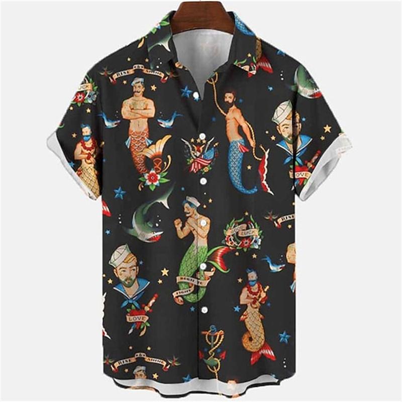Mermaid retro printed shirts Men's European and American pattern Summer casual short sleeved shirt Hawaiian button