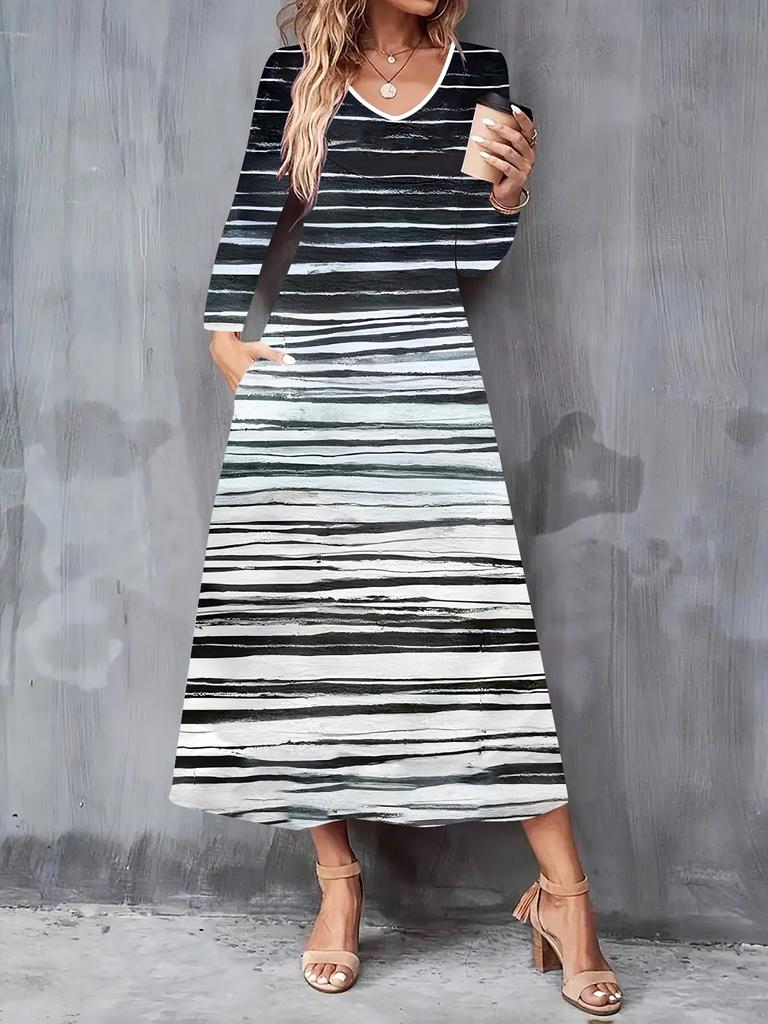 2025 Autumn and Winter New Women Casual Fashion Dress 3D Retro Totem Print Long Sleeve V-Neck A-Line Dresses