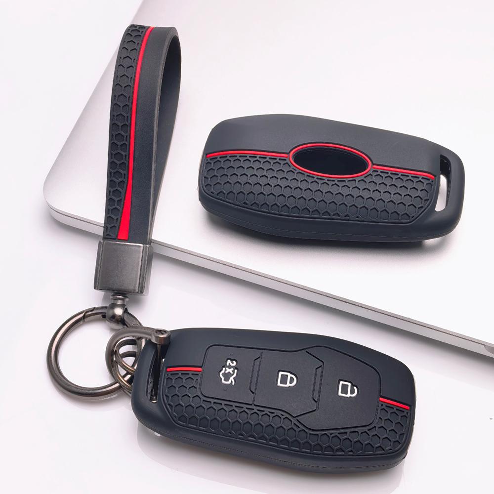 Silicone Key Cover with Keychain for Ford 3 Button Smart Key, Fits Ford Focus Mondeo Kuga Escape MK4 Mustang Against Non-Slip Honeycomb Grip