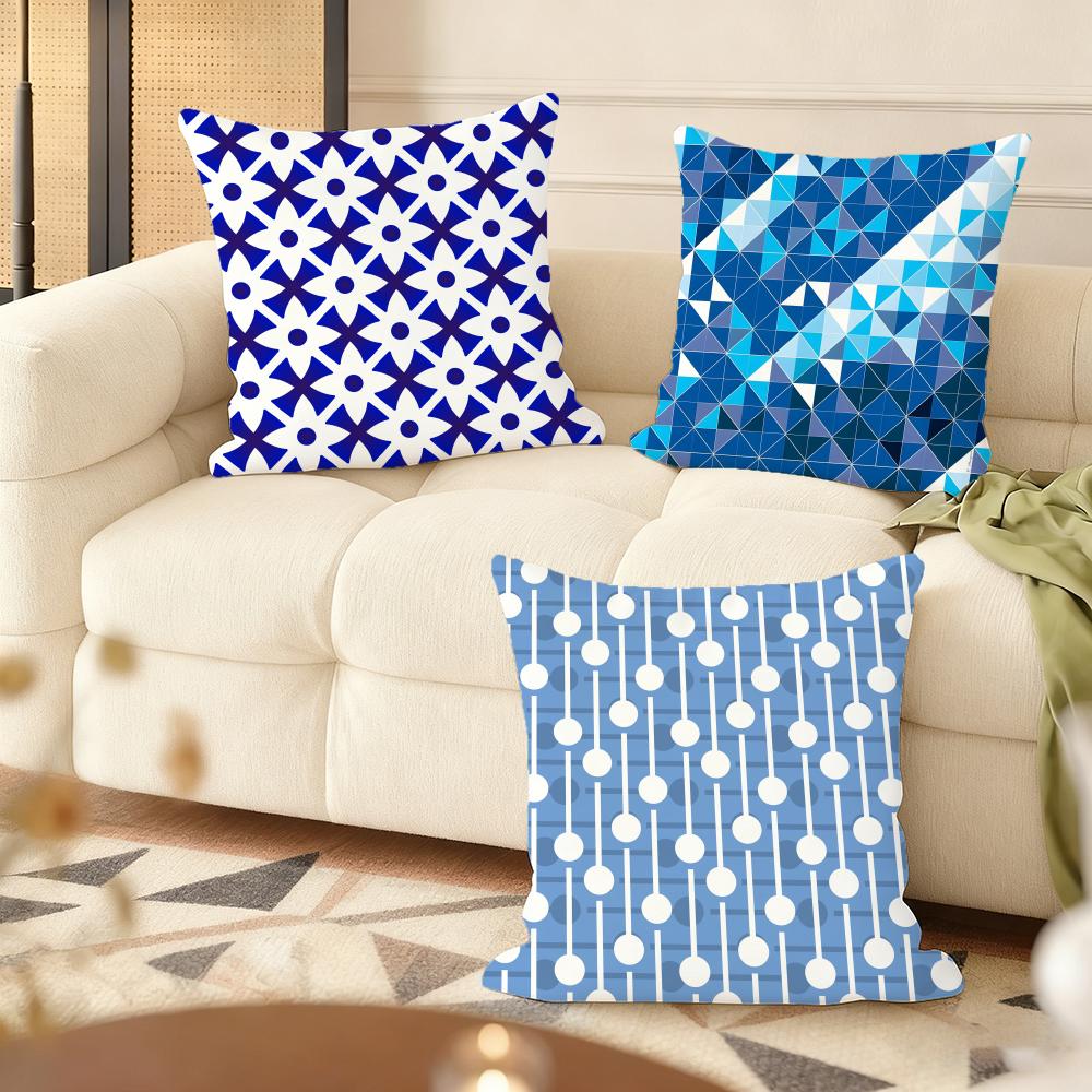 Blue And White Geometric Cushion Cover Soft Short Plush Pillow Cover Smooth Cozy Texture Aesthetic Cushion Case Home Decor