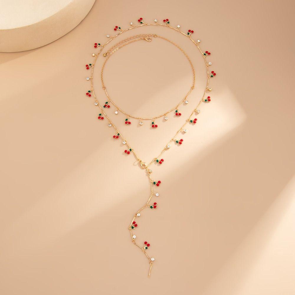 Copper Y-shaped Cherry Necklace Gold Women Long Necklace Creative Clavicle Chain  Girls