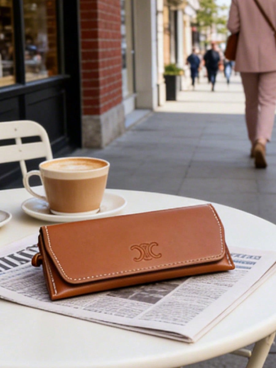 CELINE Triomphe Embossed Leather Glasses Case, Brown Soft Sunglasses Protective Pouch