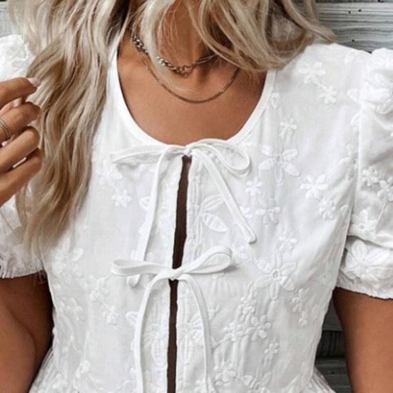 Women Shirt Round Neck Puff Short Sleeve Casual Shirt Solid Color Loose Fit Embroidery