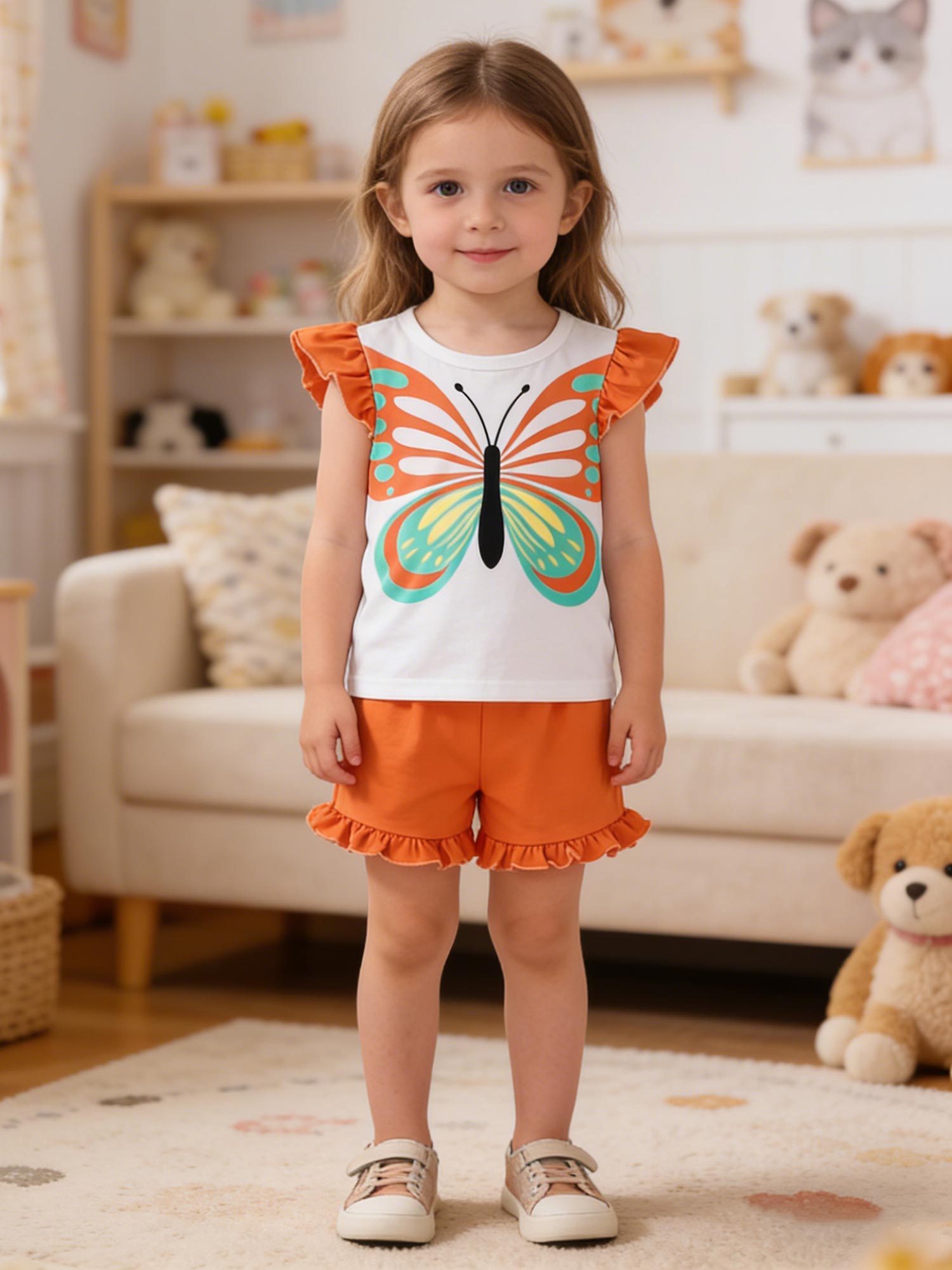

2 Pieces Orange Clothing Sets, Summer Casual Girls Outfits, Butterfly Pattern Sleeveless T-Shirt and Short Pant 2Y оранжевый