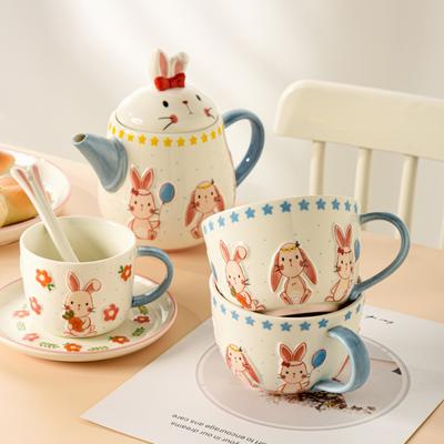 Teekanne aus Keramik mit Tierprägung, Wasserkrug, Kaffeetasse, Untertasse, Milchbecher, Teetasse, Relief, Kaninchen-Design, Löffel, Trinkgeschirr, Krug