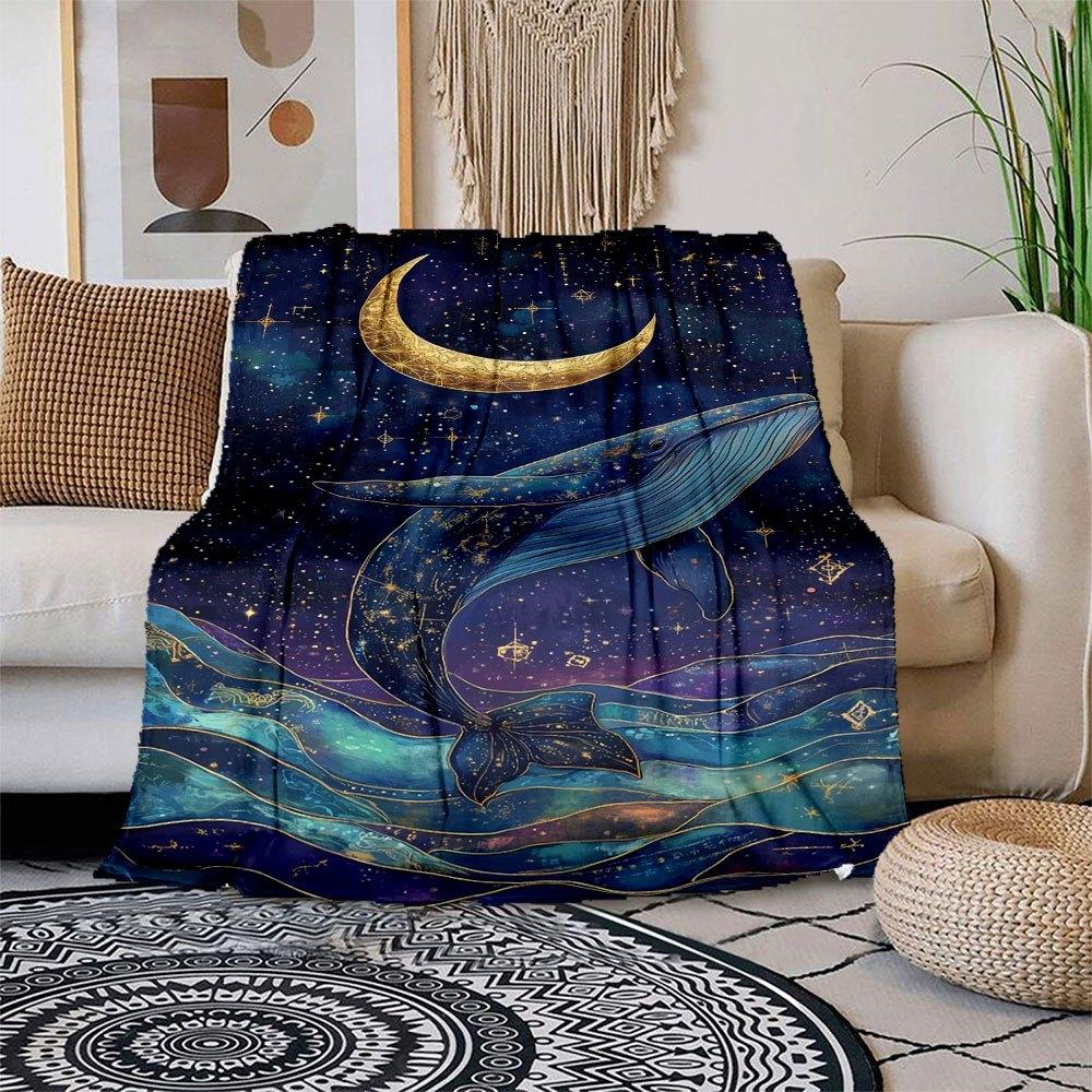 Whale Moon Constellation Art Print - Celestial Ocean Decor Blanket Flannel Throw Blanket for Sofa, Bed, Travel, Camping, Office, Couch, Cha 150x180cm