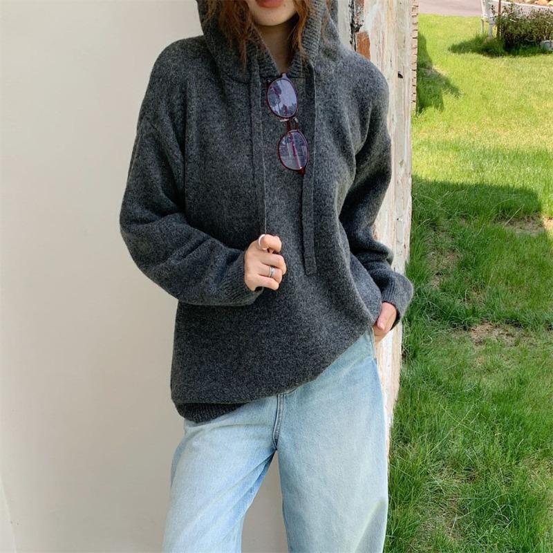 Casual hooded knitted sweater women's autumn and winter new loose lazy style outer wear retro pullover bottoming shirt