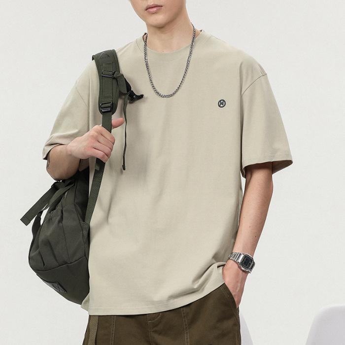 260g Heavy Japanese Loose Short-sleeved T-shirt for Men's Summer Pure Cotton Casual Embroidered T-shirt