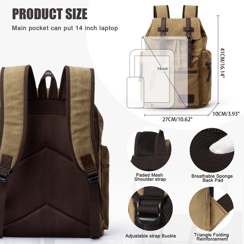 Large Vintage Canvas Backpack,14 Inch Work Laptop Bags College Shoulder Bag, Hiking Travel Backpack for Men Schoolbag Bags