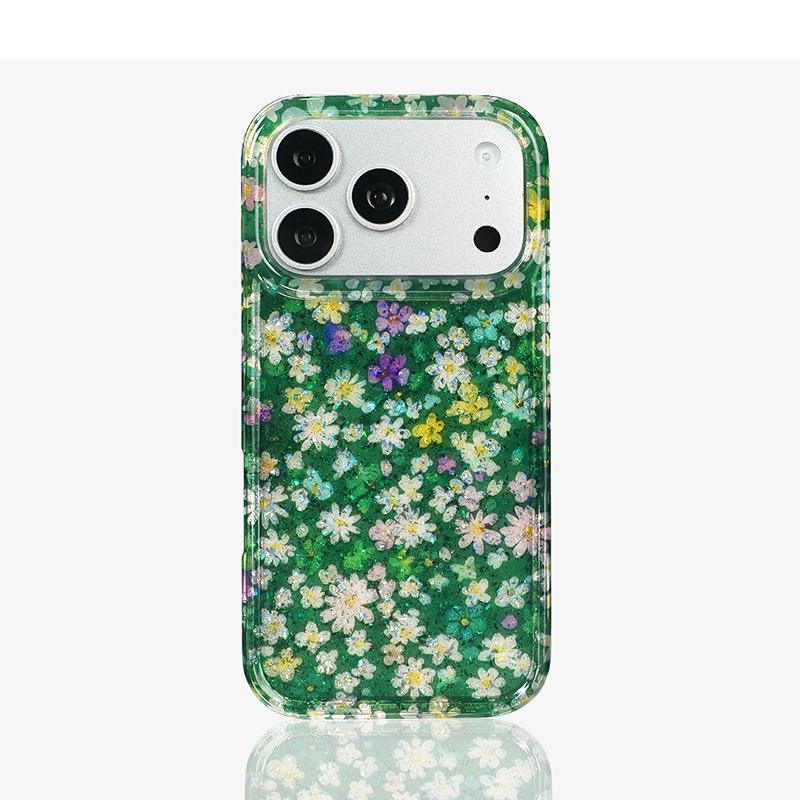 

Retro Stylish Flowers Shiny Glitter Back Cover For iPhone 13 14 15 16 17 Pro Max Case Hard IMD TPU Floral Shockproof Shell iPhone 15 Pro