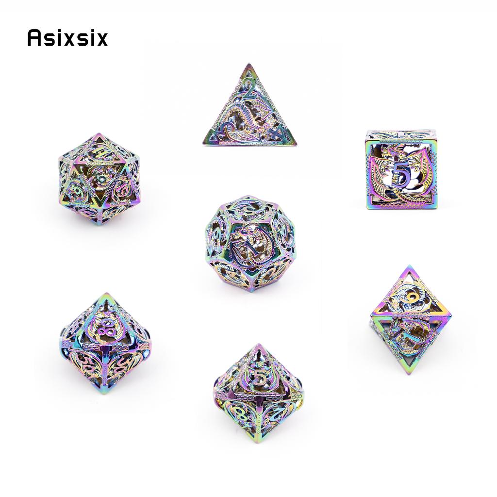 7 Pcs Silver Colorful Dragon Metal Dice Hollow Metal Polyhedral Dice Set Suitable For Role-Playing Game