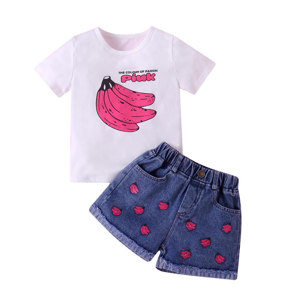 Mädchenanzug Sommer Kinder Einfarbig Bedruckt Kurzarm Pullover und Shorts