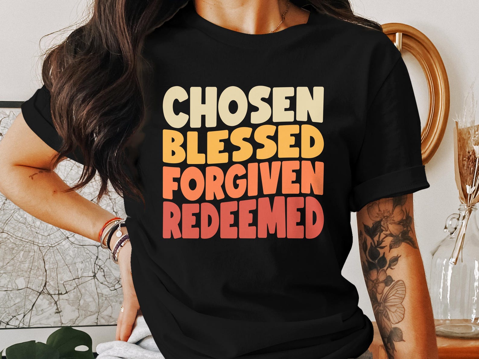 Chosen Blessed Forgiven Redeemed T-Shirts, Christian T-Shirts, Faith Based Apparel, God s Love, Jesus Christ, Bible Verse, Gift Idea S