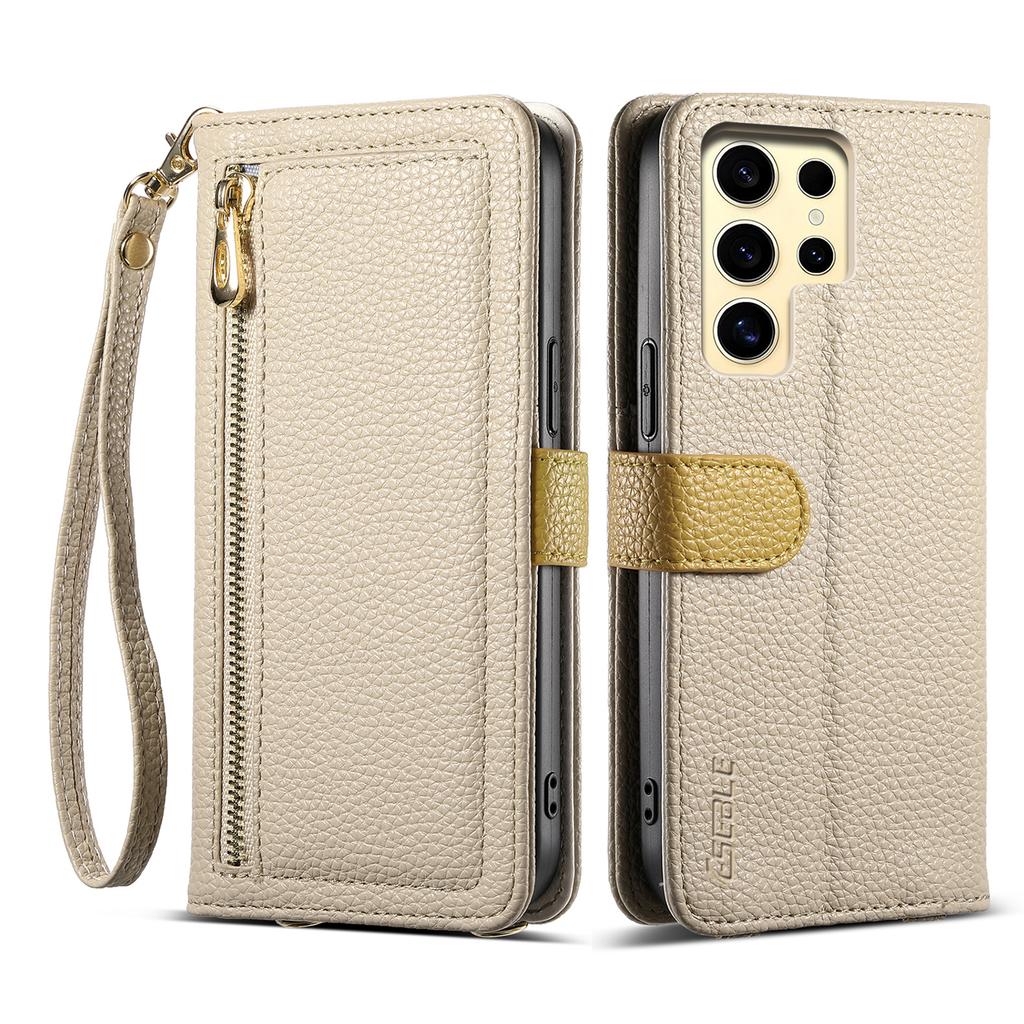 ESEBLE E11 For Samsung Galaxy S23 Ultra Case Zipper Pocket Litchi Texture Leather Phone Cover with Mirror and Wrist Strap